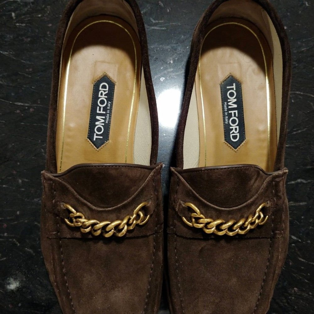 TOM FORD Brown Suede York Loafers w/Sig. Gold Chain - 7.5 - FW23 Great Condition
